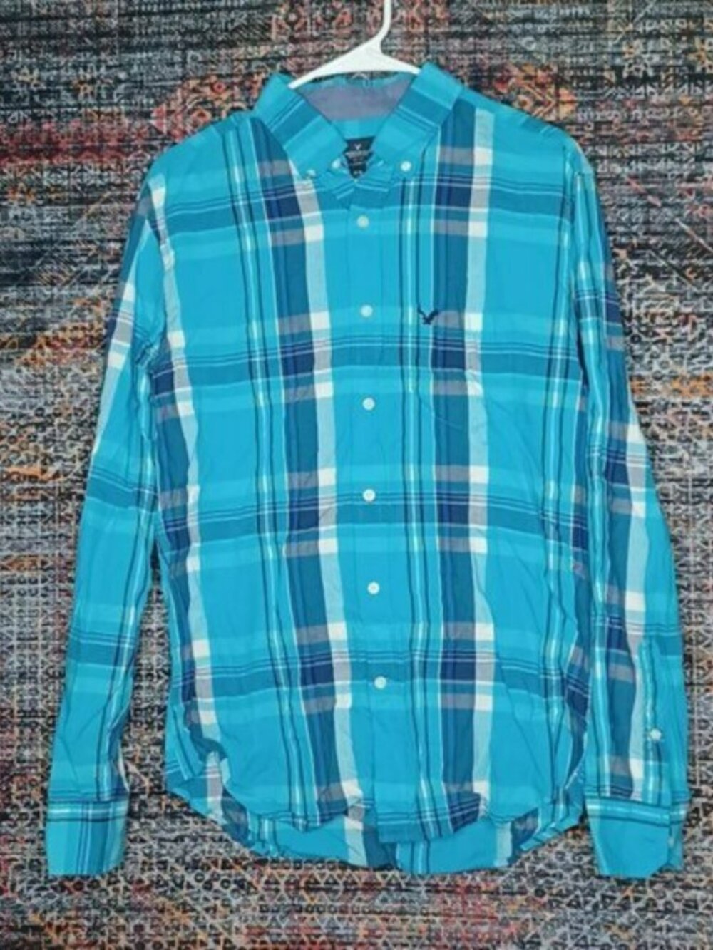 American Eagle mens blue black white plaid Classic fit button shirt M EUC